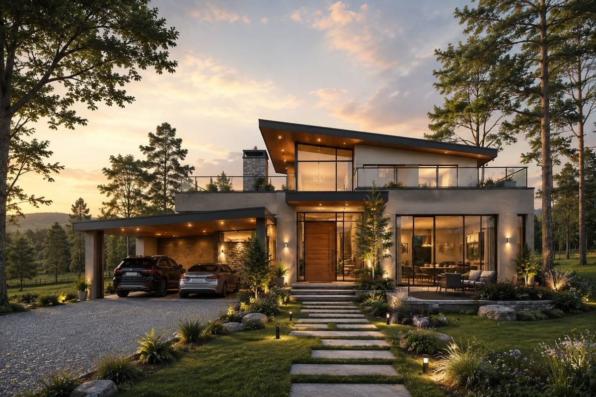 Casa de piedra con cubierta inclinada y porche, al atardecer.
